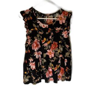 American Eagle Top L Sleeveless Black Pink Roses Ruffle Peplum Bohochic Romantic